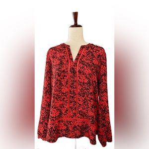 Michael Kors Long Sleeve V Neck Leaf Blouse Relaxed Fit Size Large